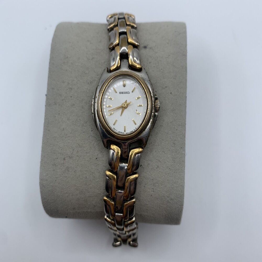 Vintage Seiko Tank Watch Women Gold Silver Two Tone White Dial 1N01-5C50
